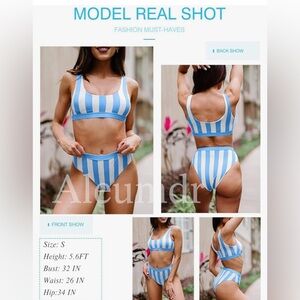 Aleumdr Blue & White Striped High Waisted Cheeky Bottom 2 pc Bikini, Women’s M